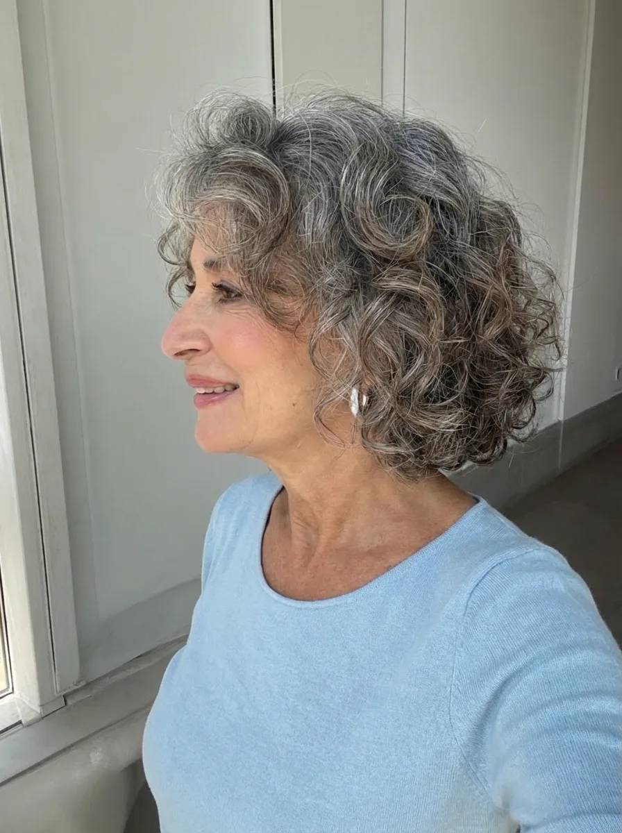 Voluminous Silver Frost Curly Bob for Heart-Shaped Faces